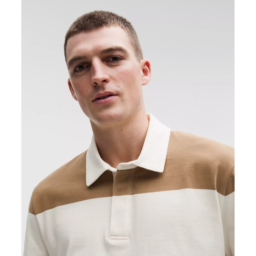Lululemon-Long-Sleeve Cotton Rugby Shirt-Wide Stripe Camel Brown Coconut Ivory - Picture 4 of 5